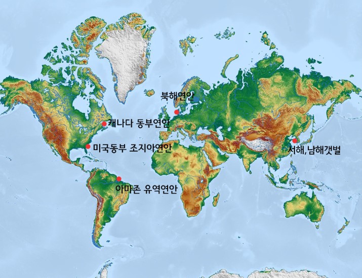 갯벌분포지도로 좌측부터 미국동부 조지아연안, 캐나다 동부연안, 아마존 유역연안, 북해연안, 서해,남해갯벌이 표시되어 있는 지도